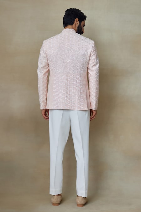 Shop SHASHA GABA Pink Silk Pearls, Zari Resham Embroidered Bandhgala at Aza Fashions Shop_SHASHA GABA_Pink Silk Pearls, Zari Resham Embroidered Bandhgala _at_Aza_Fashions