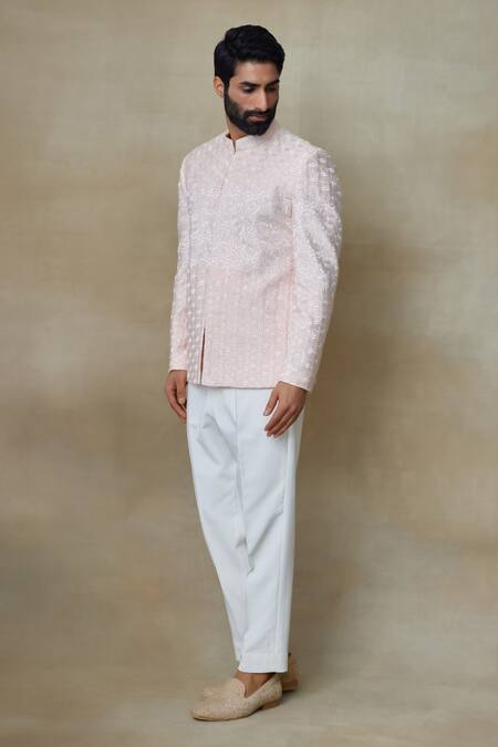 SHASHA GABA Pink Silk Pearls, Zari Resham Embroidered Bandhgala Online at Aza Fashions SHASHA GABA_Pink Silk Pearls, Zari Resham Embroidered Bandhgala _Online_at_Aza_Fashions