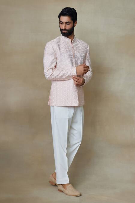 Buy SHASHA GABA Pink Silk Pearls, Zari Resham Embroidered Bandhgala Online at Aza Fashions Buy_SHASHA GABA_Pink Silk Pearls, Zari Resham Embroidered Bandhgala _Online_at_Aza_Fashions