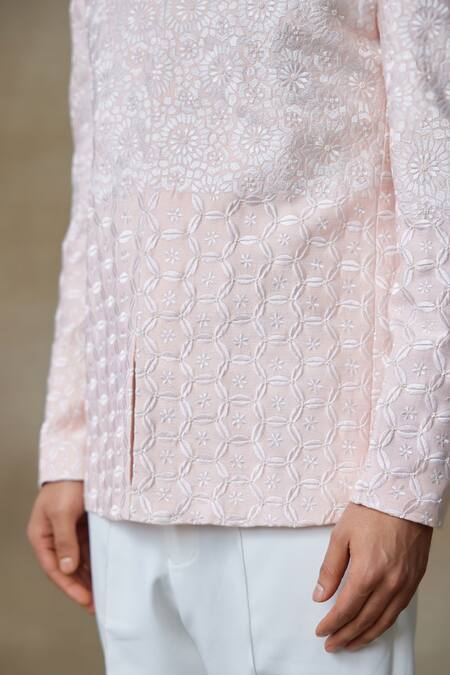 Shop SHASHA GABA Pink Silk Pearls, Zari Resham Embroidered Bandhgala Online at Aza Fashions Shop_SHASHA GABA_Pink Silk Pearls, Zari Resham Embroidered Bandhgala _Online_at_Aza_Fashions