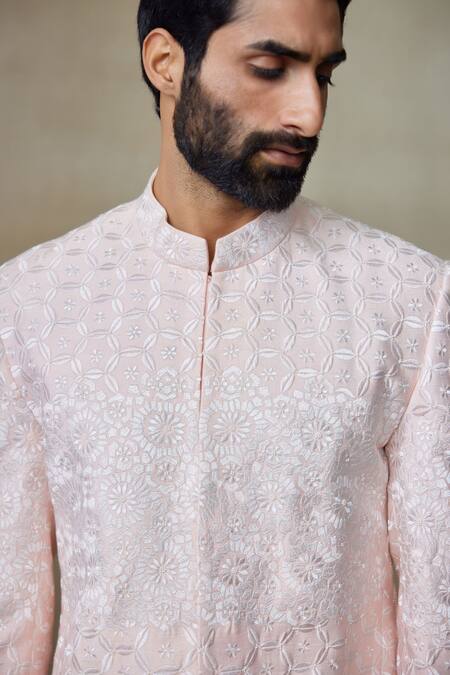 SHASHA GABA Pink Silk Pearls, Zari Resham Embroidered Bandhgala at Aza Fashions SHASHA GABA_Pink Silk Pearls, Zari Resham Embroidered Bandhgala _at_Aza_Fashions