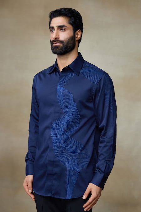 Buy_SHASHA GABA_Blue Silk Embroidery Wave Resham Shirt _Online_at_Aza_Fashions