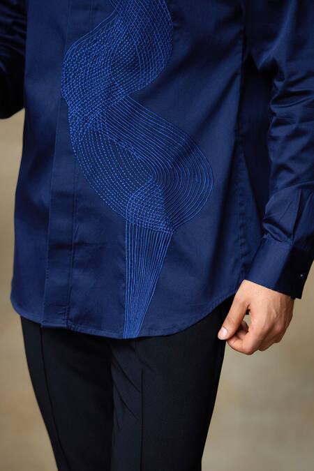 Shop_SHASHA GABA_Blue Silk Embroidery Wave Resham Shirt _Online_at_Aza_Fashions