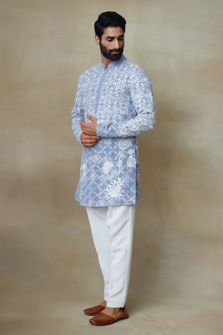 Shop_SHASHA GABA_Grey Silk Pearls, Embroidery Resham Work Short Kurta _at_Aza_Fashions