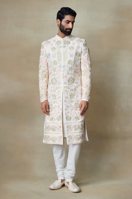 SHASHA GABA Pink Silk Hand Embroidered Sequin Floral Jaal Sherwani 