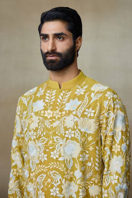 Buy_SHASHA GABA_Green Silk Pearls, Embroidery Floral Resham Work Short Kurta _Online_at_Aza_Fashions