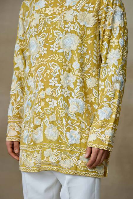 Shop_SHASHA GABA_Green Silk Pearls, Embroidery Floral Resham Work Short Kurta _Online_at_Aza_Fashions