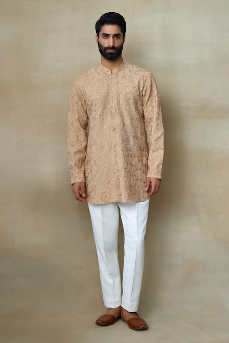 SHASHA GABA Beige Silk Hand Embroidered Bead And Resham Work Floral Short Kurta 