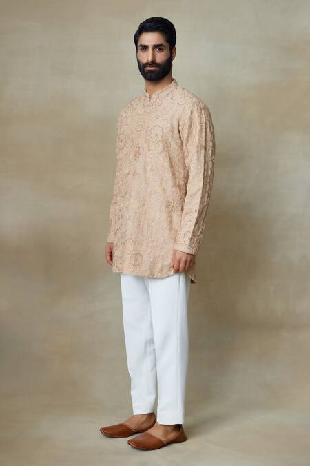 SHASHA GABA_Beige Silk Embroidery Floral Resham Short Kurta _Online_at_Aza_Fashions