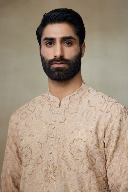 Buy_SHASHA GABA_Beige Silk Embroidery Floral Resham Short Kurta _Online_at_Aza_Fashions