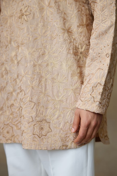 Shop_SHASHA GABA_Beige Silk Embroidery Floral Resham Short Kurta _Online_at_Aza_Fashions