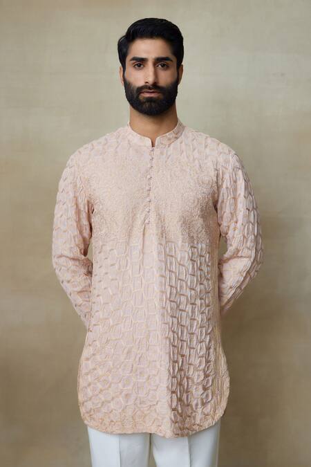 SHASHA GABA Pink Silk Embroidery Resham Floral Short Kurta Online at Aza Fashions SHASHA GABA_Pink Silk Embroidery Resham Floral Short Kurta _Online_at_Aza_Fashions