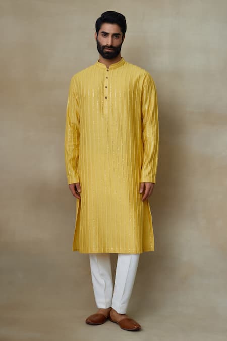 SHASHA GABA Yellow Silk Embroidery Sequin Stripes Kurta 