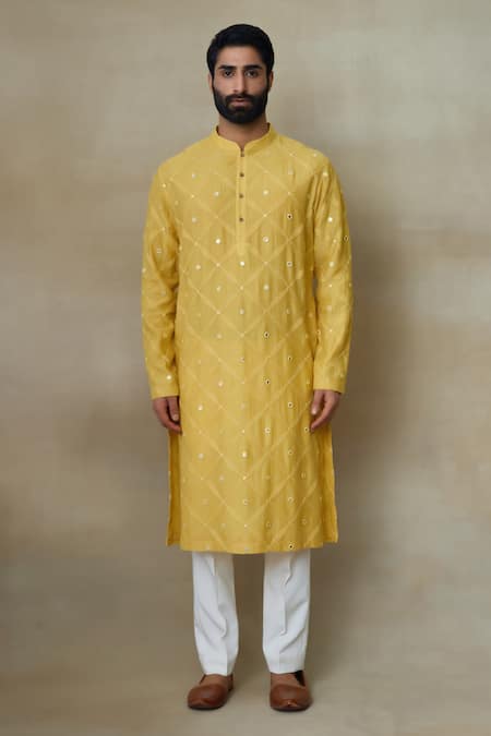 SHASHA GABA Yellow Silk Embroidery Mirror Vine Jaal Kurta 