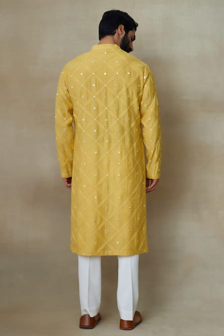 Shop SHASHA GABA Yellow Silk Mirrors, Embroidery Vine Jaal Kurta at Aza Fashions Shop_SHASHA GABA_Yellow Silk Mirrors, Embroidery Vine Jaal Kurta _at_Aza_Fashions