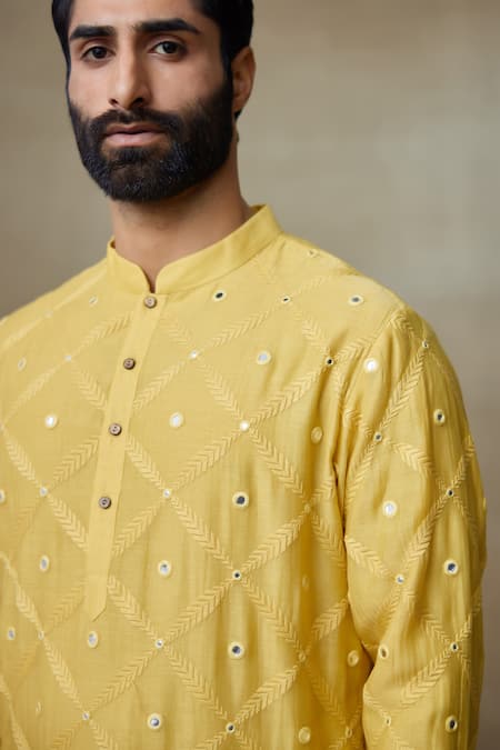 Shop SHASHA GABA Yellow Silk Mirrors, Embroidery Vine Jaal Kurta Online at Aza Fashions Shop_SHASHA GABA_Yellow Silk Mirrors, Embroidery Vine Jaal Kurta _Online_at_Aza_Fashions