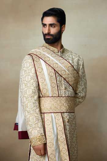 SHASHA GABA_Gold Silk Sequins, Diamonds Fleur Dabka Embroidered Sherwani _Online_at_Aza_Fashions