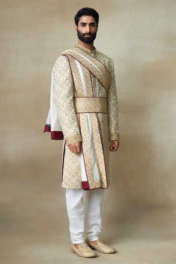 Buy_SHASHA GABA_Gold Silk Sequins, Diamonds Fleur Dabka Embroidered Sherwani _Online_at_Aza_Fashions