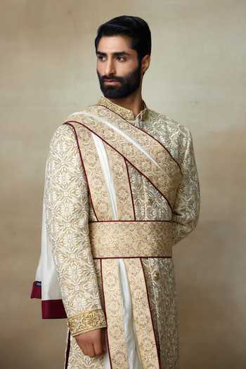 Shop_SHASHA GABA_Gold Silk Sequins, Diamonds Fleur Dabka Embroidered Sherwani _Online_at_Aza_Fashions