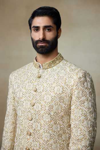 SHASHA GABA_Gold Silk Sequins, Diamonds Fleur Dabka Embroidered Sherwani _at_Aza_Fashions