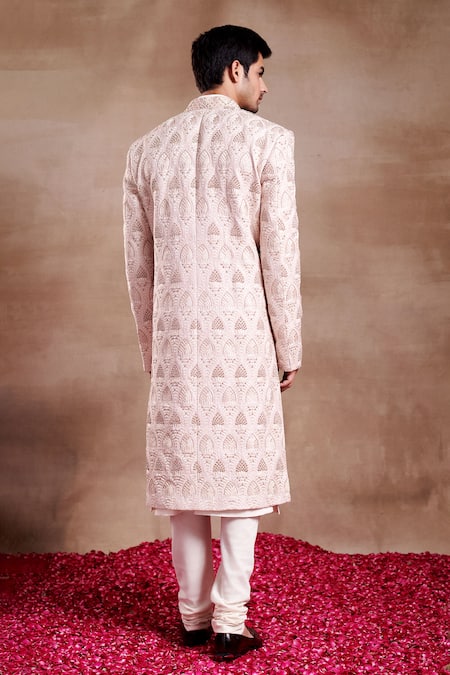 Shop_SHASHA GABA_Pink Silk Pearls Crest Dabka Zari Embroidered Sherwani _at_Aza_Fashions