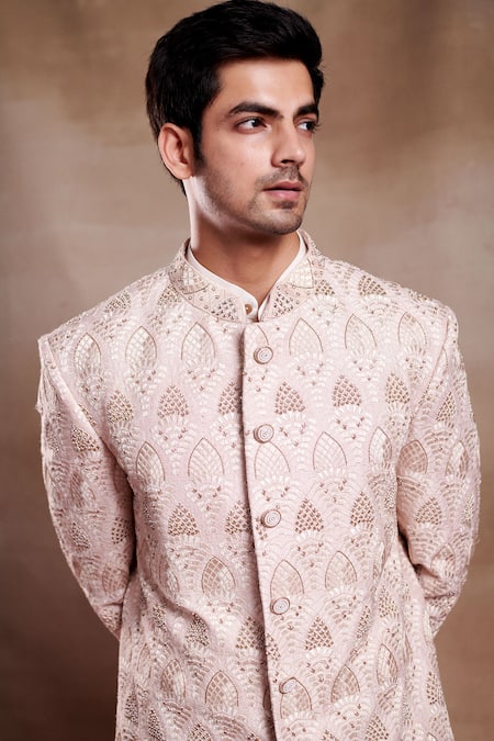 SHASHA GABA_Pink Silk Pearls Crest Dabka Zari Embroidered Sherwani _Online_at_Aza_Fashions