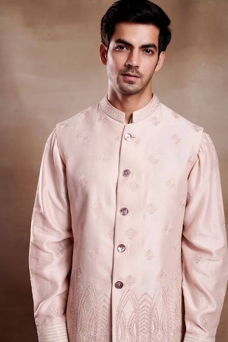 SHASHA GABA_Pink Silk Embroidery Phool Motif Resham Bundi _Online_at_Aza_Fashions