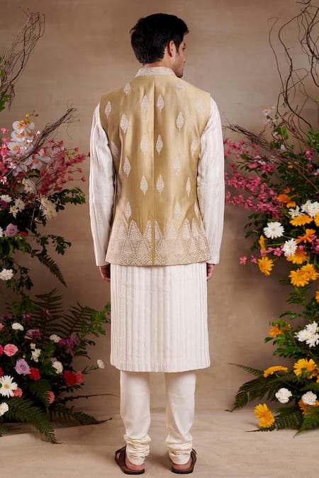 Shop_SHASHA GABA_Gold Silk Embroidery, Zari Bundi _at_Aza_Fashions