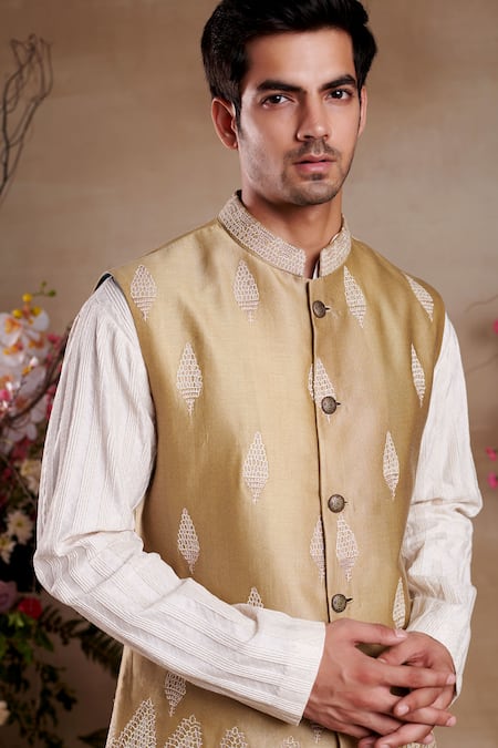 SHASHA GABA_Gold Silk Embroidery, Zari Bundi _Online_at_Aza_Fashions