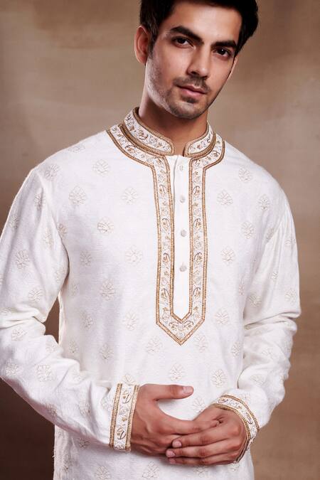 SHASHA GABA White Silk Embroidery, Sequins Blossom Resham Thread Work Kurta Online at Aza Fashions SHASHA GABA_White Silk Embroidery, Sequins Blossom Resham Thread Work Kurta _Online_at_Aza_Fashions