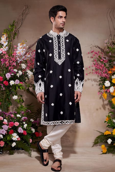 SHASHA GABA Black Silk Embroidery Resham Starburst Thread Kurta 