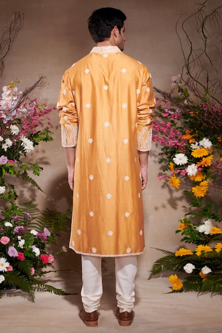Shop_SHASHA GABA_Yellow Silk Pearls, Embroidery Floral Resham Thread Kurta _at_Aza_Fashions