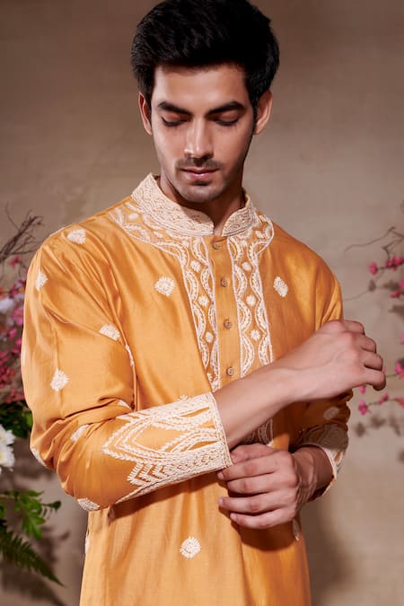 SHASHA GABA_Yellow Silk Pearls, Embroidery Floral Resham Thread Kurta _Online_at_Aza_Fashions