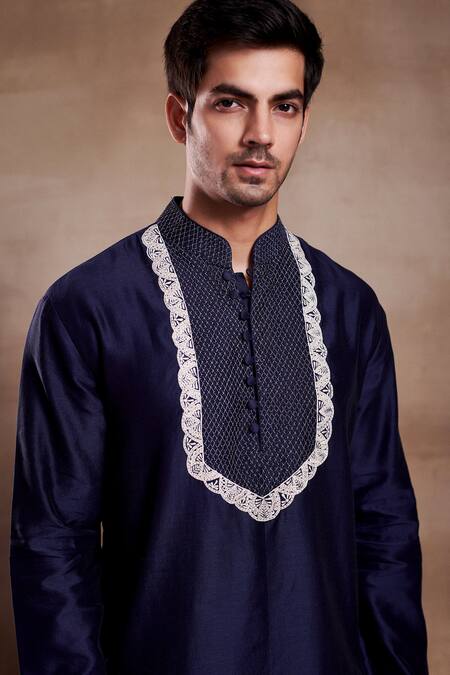 SHASHA GABA Blue Silk Embroidery Pintucked Resham Jaal Yoke Kurta Online at Aza Fashions SHASHA GABA_Blue Silk Embroidery Pintucked Resham Jaal Yoke Kurta _Online_at_Aza_Fashions