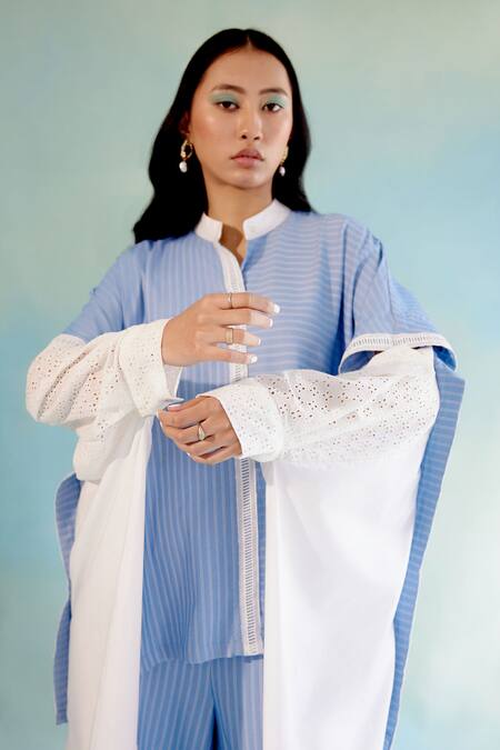 Pooja Shroff_Blue Cotton Embroidery Collared Equilibrium Stripe Pattern Shirt_Online_at_Aza_Fashions