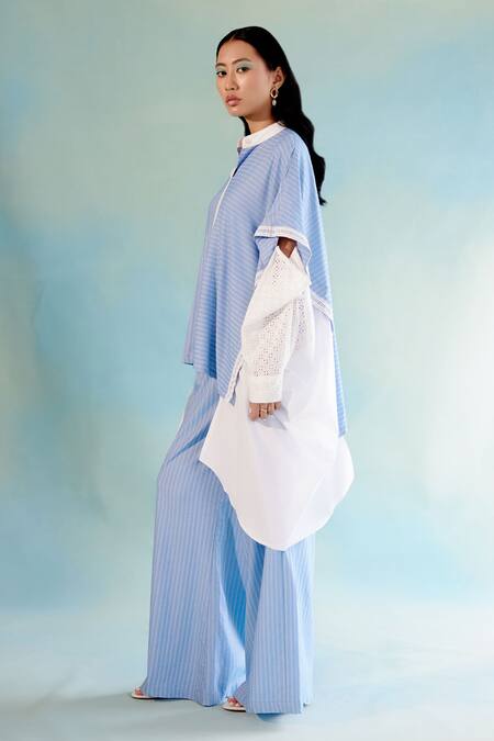 Buy_Pooja Shroff_Blue Cotton Embroidery Collared Equilibrium Stripe Pattern Shirt_Online_at_Aza_Fashions