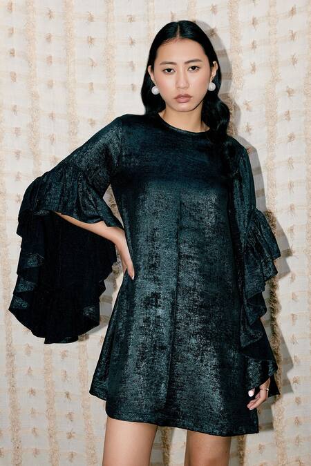 Buy_Pooja Shroff_Green Round Neck Lolita Ruffled Sleeve Dress_Online_at_Aza_Fashions