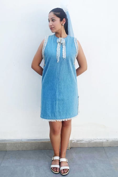 POOJA SHROFF Front Bow Denim Shift Dress 