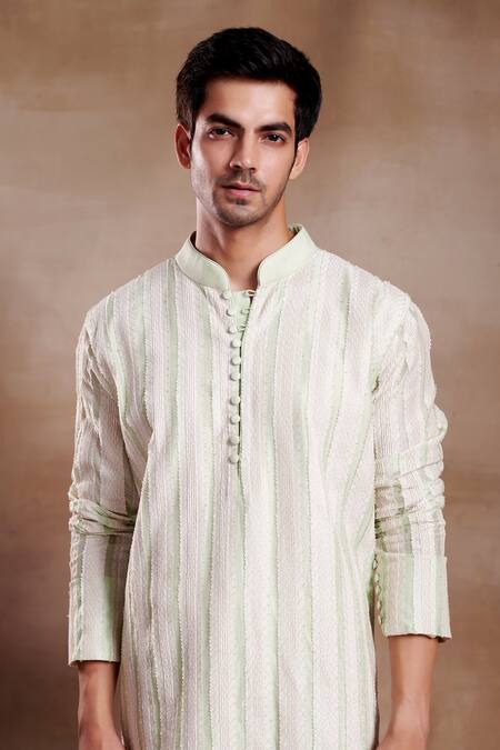 SHASHA GABA Green Silk Embroidery Pintucked Zari Work Kurta Online at Aza Fashions SHASHA GABA_Green Silk Embroidery Pintucked Zari Work Kurta _Online_at_Aza_Fashions