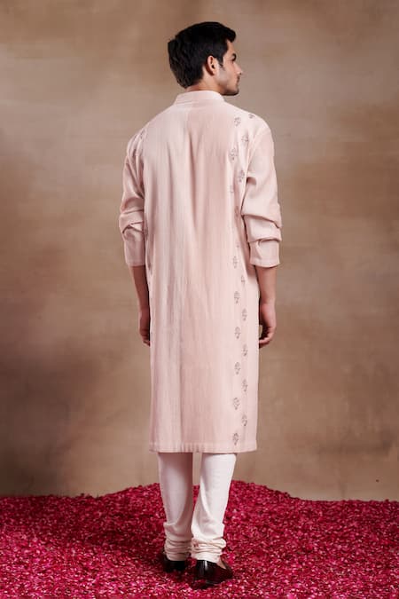 Shop SHASHA GABA Pink Silk Embroidery Pintucked And Damask Kurta at Aza Fashions Shop_SHASHA GABA_Pink Silk Embroidery Pintucked And Damask Kurta _at_Aza_Fashions