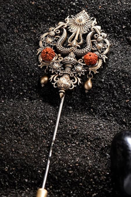 Cosa Nostraa Trishul Carved Lapel Pin with Rudraksh 