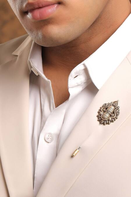 Shop_Cosa Nostraa_Gold Shiva Linga Carved Brooch And Lapel Pin Set_at_Aza_Fashions