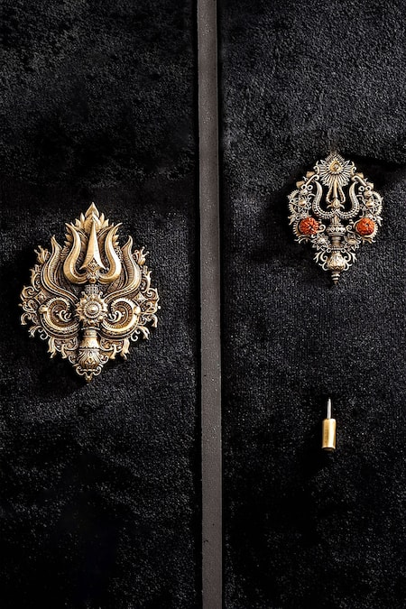 Cosa Nostraa Gold Trishul Brooch And Rudraksh Lapel Pin Set 