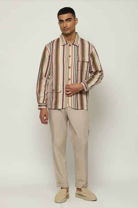 Abraham & Thakore Multi Color 100% Cotton Engineered Twill Stripes Woven Balance Jacket 