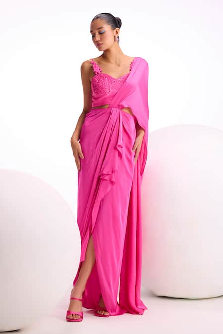 Buy_Namrata Joshipura_Fuchsia Viscose, Satin Sequins, Rosa Baroque Pre-draped Saree With Blouse _Online_at_Aza_Fashions