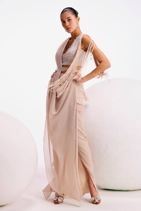 Namrata Joshipura_Cream Shimmer Chiffon Hand Embellished Fringed Pre-draped Saree With Blouse_Online_at_Aza_Fashions