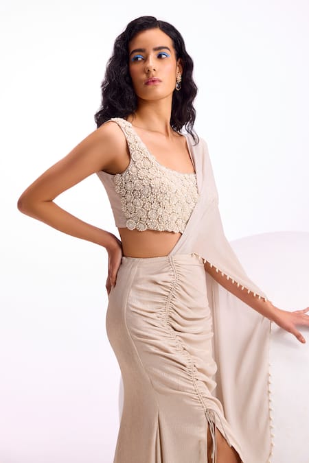 Shop Namrata Joshipura Cream Shimmer Chiffon Hand Embellished Zenobia Pre-draped Saree With Blouse Online at Aza Fashions Shop_Namrata Joshipura_Cream Shimmer Chiffon Hand Embellished Zenobia Pre-draped Saree With Blouse_Online_at_Aza_Fashions