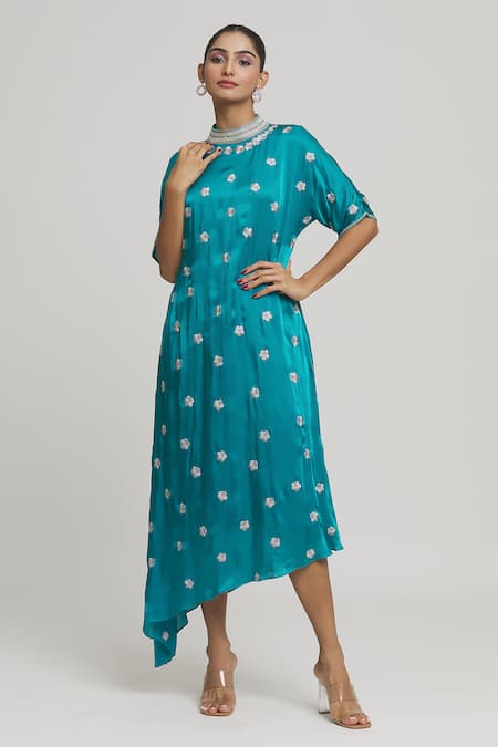 Khwaab by Sanjana Lakhani Blue Satin Georgette Embroidered Thread Band Collar Floral Asymmetric Tunic 