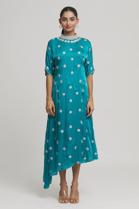 Samyukta Singhania_Blue Satin, Cotton Pearls, Beads, Embroidery Floral Thread Asymmetric Tunic_Online_at_Aza_Fashions