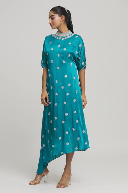 Buy_Samyukta Singhania_Blue Satin, Cotton Pearls, Beads, Embroidery Floral Thread Asymmetric Tunic_Online_at_Aza_Fashions